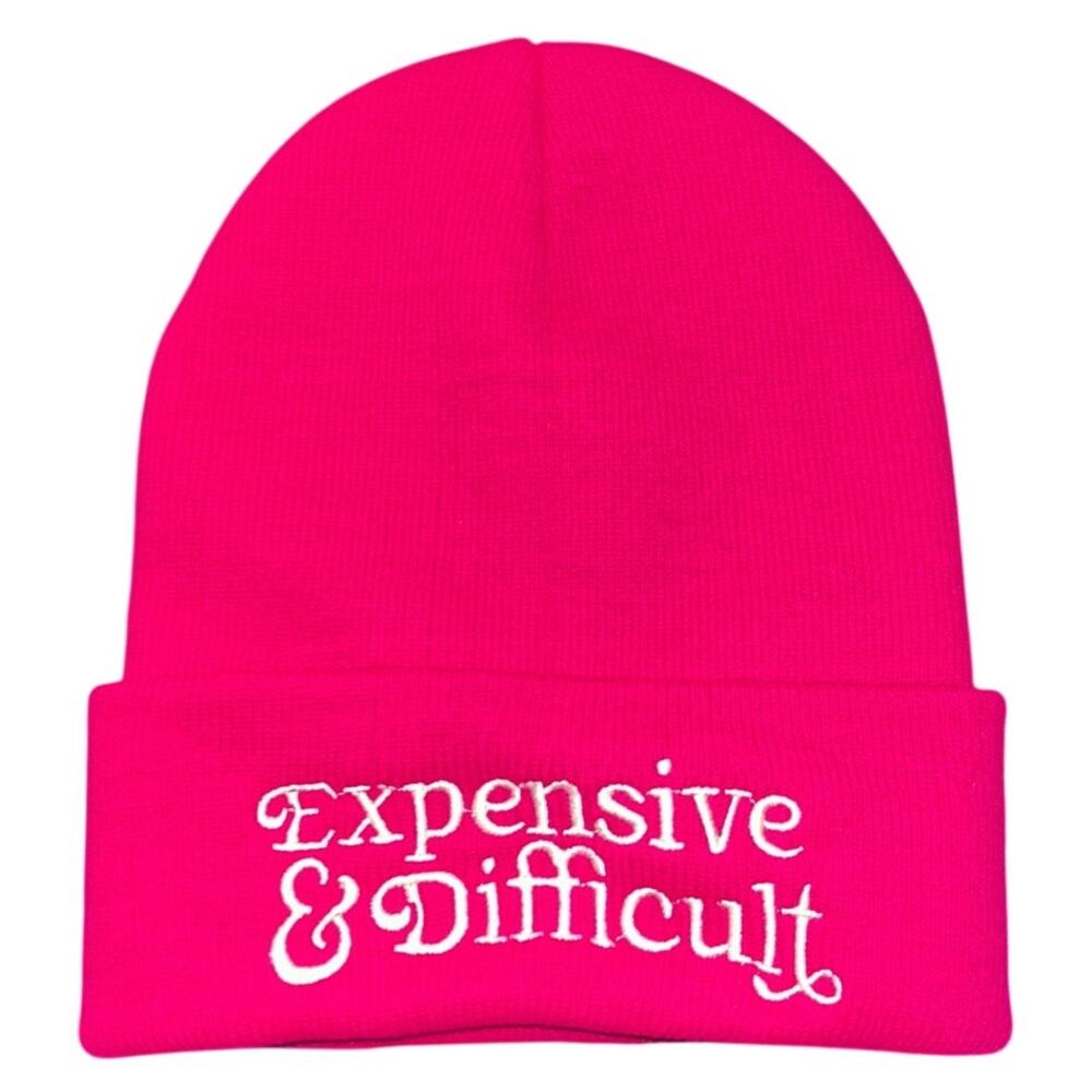 Electric Pink White Embroidered "Expensive & Difficult" Funny Beanie Winter Hat
